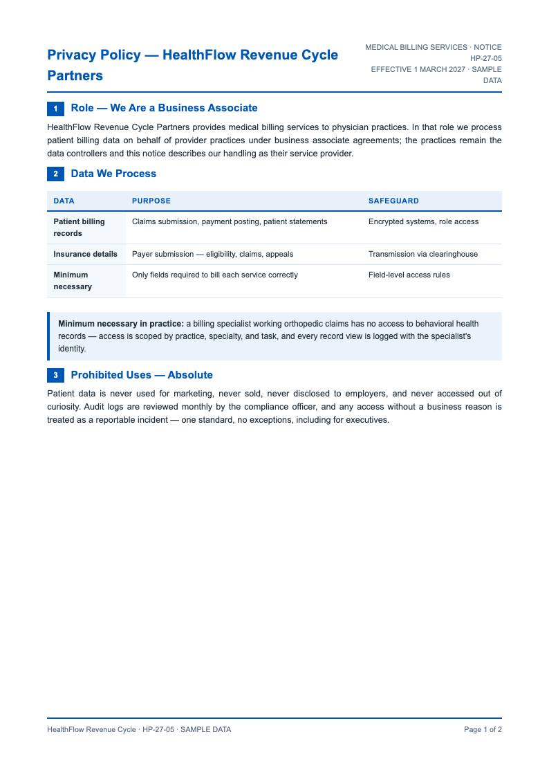 Medical bill insurance privacy policy